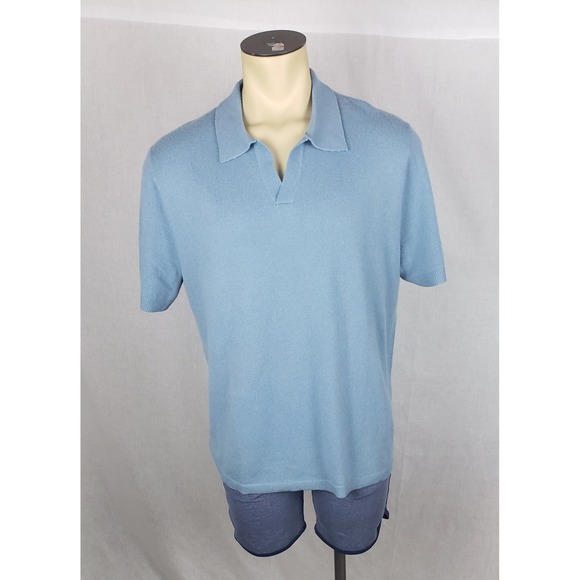 The Commons 100% Cashmere Short Sleeve Polo Sweater Windward Blue XL Spring Soft